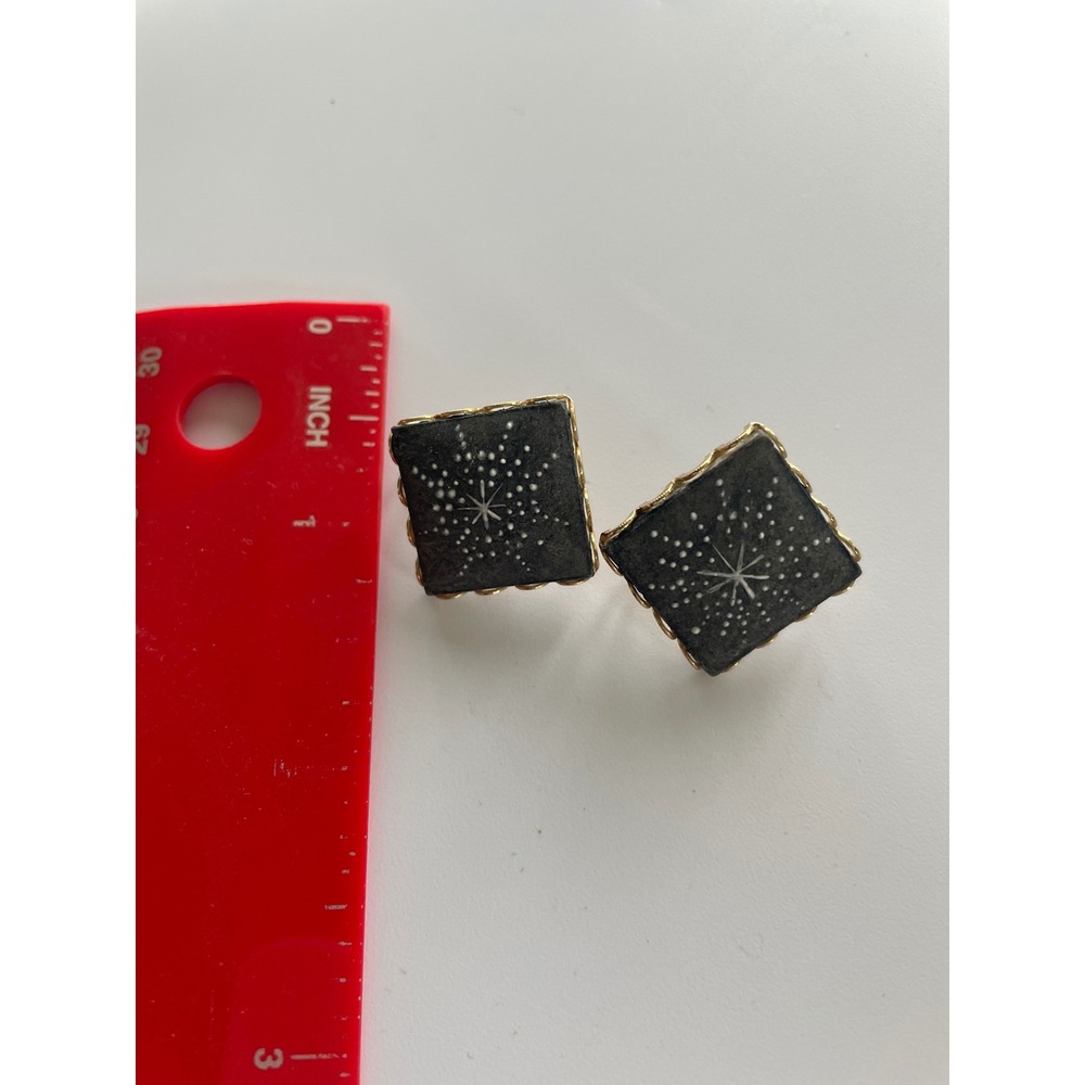 Vintage‎ Starburst Square Clip On Earrings Gold Tone Celestial Mid Century Retro - Picture 2 of 3